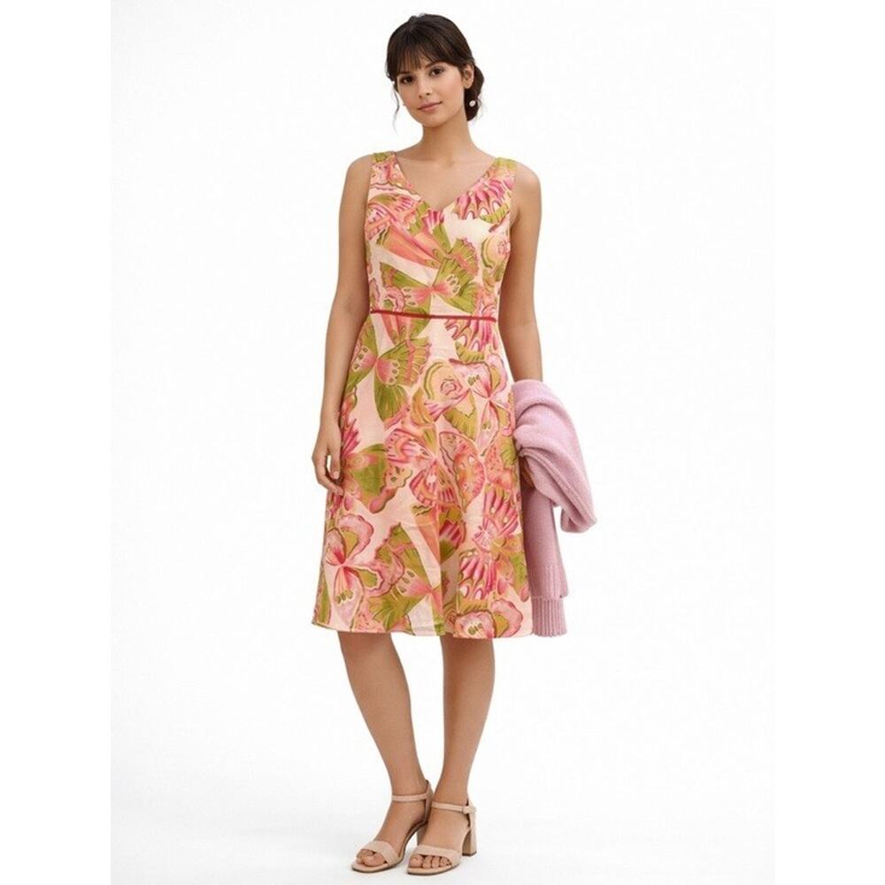 Adrianna Papell Vintage Floral Linen Blend Dress Size 12 Pink Green Fit Flare